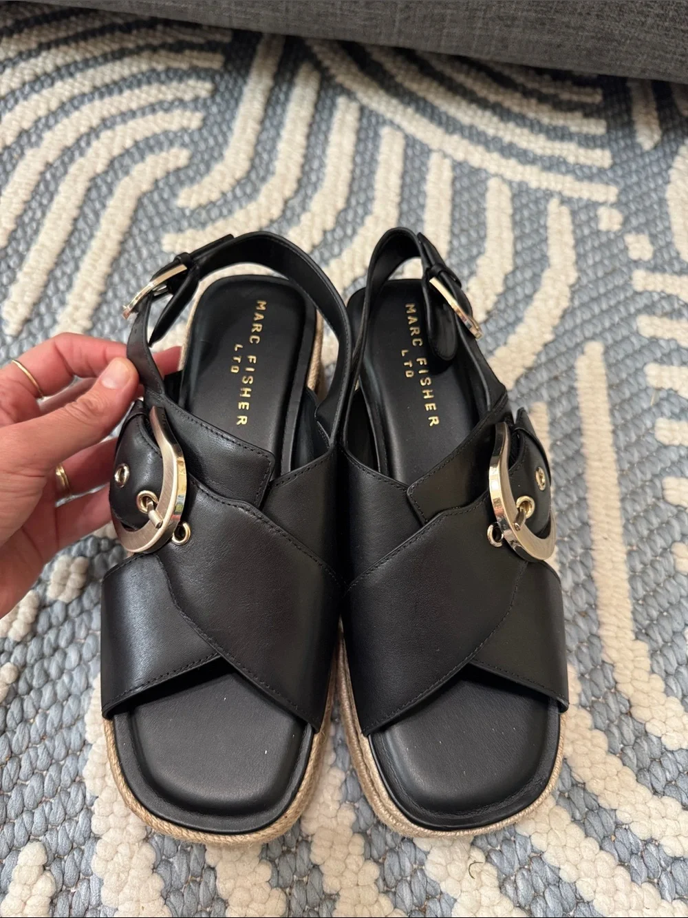 Marc Fisher LTD Black Leather Platform Espadrille Sandals Women's Size 8 NWT